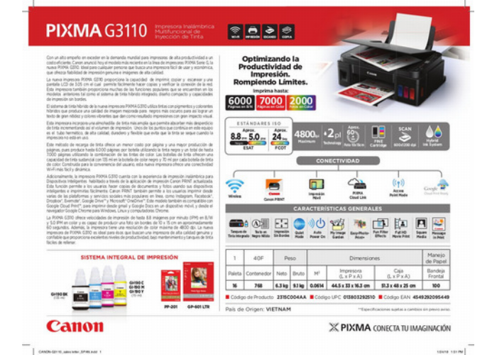 Impresora Multifunción A Color Canon Pixma G3110 Con Wifi 110/220v