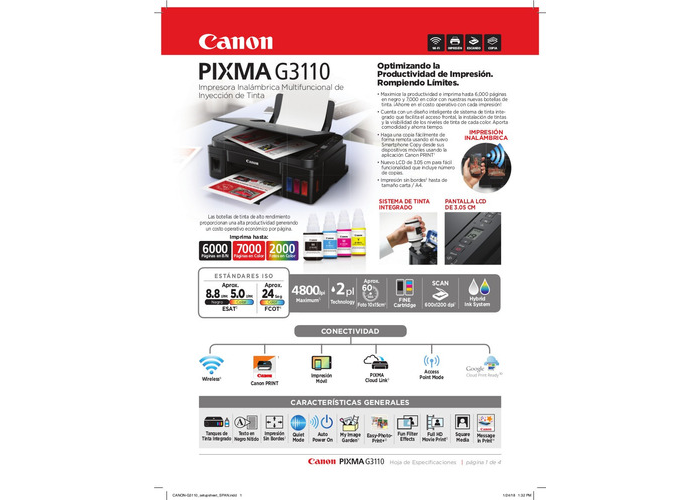 Impresora Multifunción A Color Canon Pixma G3110 Con Wifi 110/220v